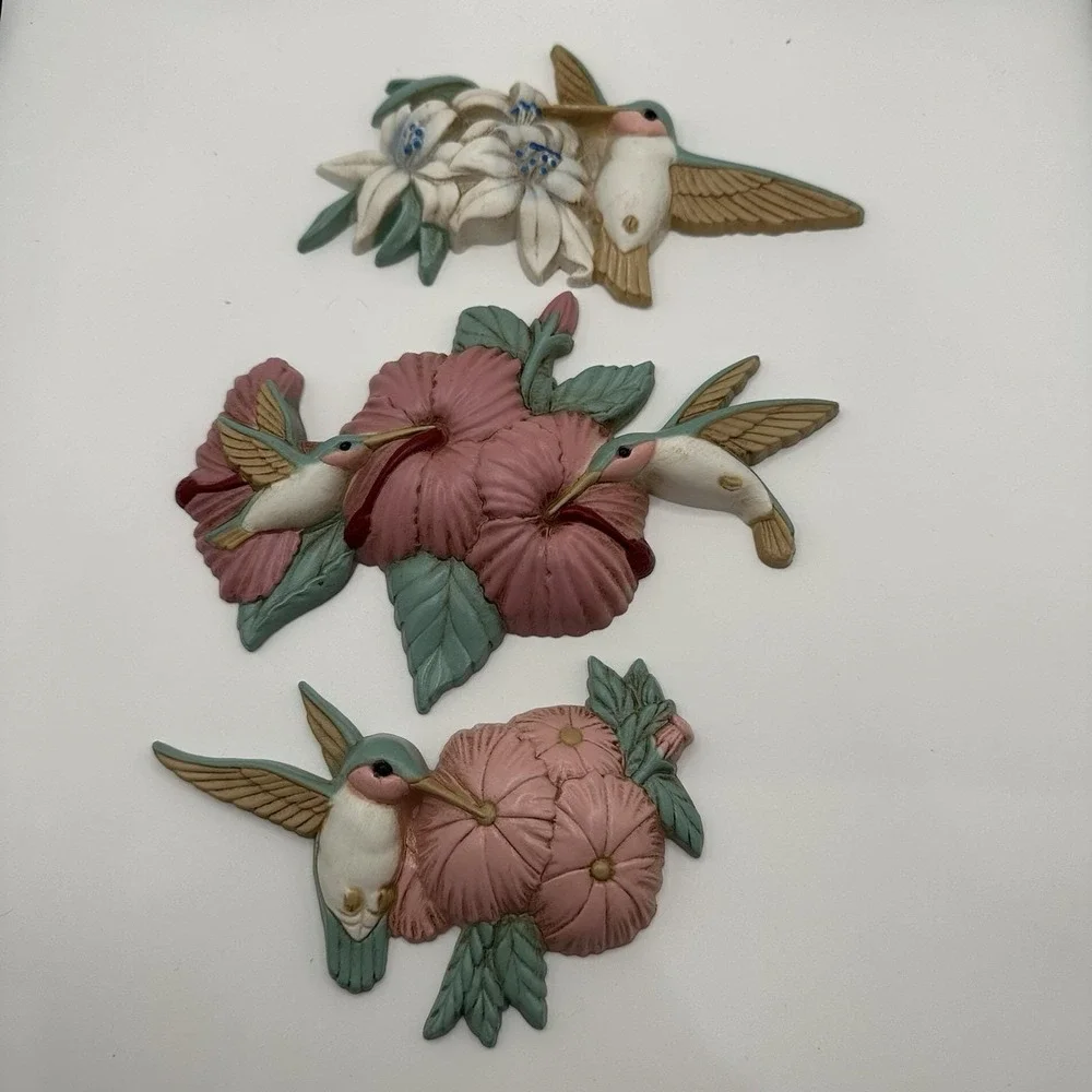VTG 3 Piece Burwood Products Wall Decor Hummingbirds Flower‎ Wall Art 3303 Pink